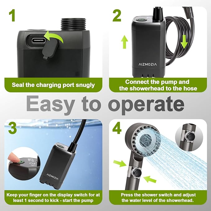 Rechargeable Camping Shower Pump, 9000mAh Portable Shower for Camping, 4 Sprayer Modes Electric Outdoor Shower Head IPX7 Waterproof USB Battery Powered Kit with 5 Gallon Bucket&Foot Pad