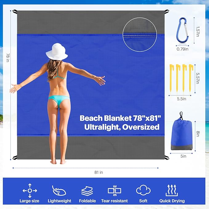 EASYFUN Beach Blanket Sandproof Oversized, 79''×83'' Extra Large Beach Mat, Portable Picnic Mat for Travel Camping Hiking, Lightweight Beach Essentials Family Water Resistant Mat Nylon 210T