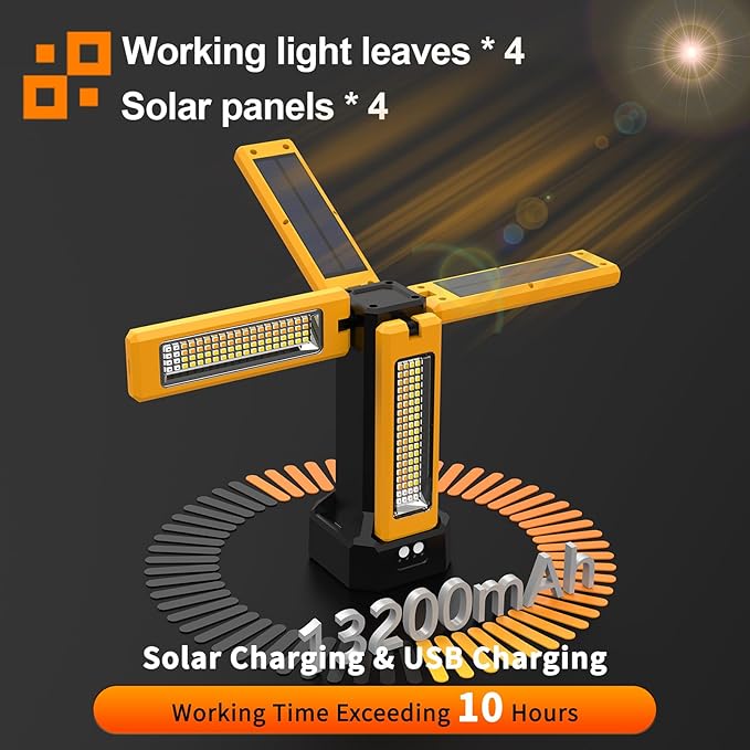 13200mAh Rechargeable Solar Work Light with Folding Stand Support and Portable Carrying Bag, 8000 Lumen Stepless Dimmable, 4 Lighting Modes, White/Warm/Warm White (Standard)