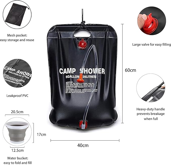 Portable Shower for Camping, Outdoor Camping Shower Bag 5 Gallon/20L, Waterproof Shower Bag with Collapsible Water Bucket, Shower Kit for Hiking, Car Travel, Picnic, Climb, Beach Trips