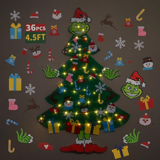 4.5ft Felt Christmas Tree for Toddlers with LED Light & 37pcs Ornaments, Velcro Montessori DIY Xmas Decorations - 4.5 Feet