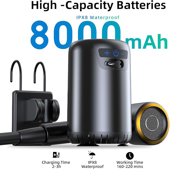 Portable Camping Shower, Upgraded Outdoor Shower with 10 Gear Switching, Fahrenheit Display & 8000mAh Rechargeable Battery Pump IPX8 Waterproof for Camp, Hiking, Car Washing