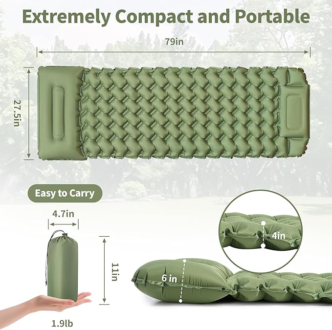 Inflatable Sleeping Pad with Build-in Pump 4-Inch Thick Sleeping Mat Soft Fabric for Comfortable Sleep Ultralight Camping Mattress for Hiking Backpacking Camping Family Trips - Green 1 Pack