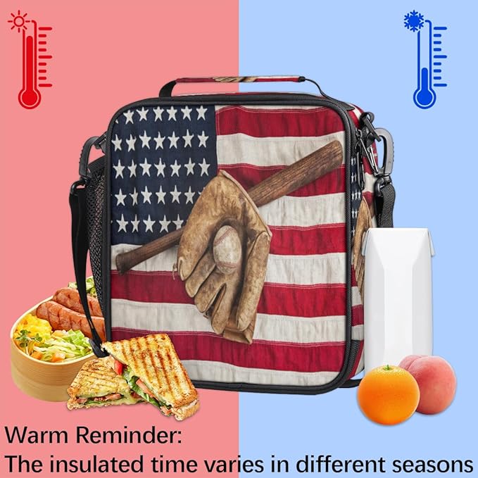Baseball Usa Flag Insulated Lunch Bag for Girls Boys Teen Reusable Lunch Box with Shoulder Strap Freezable Thermal Cooler Bag Meal Prep Boxs for School Travel Picnic Beach Lunch Pail