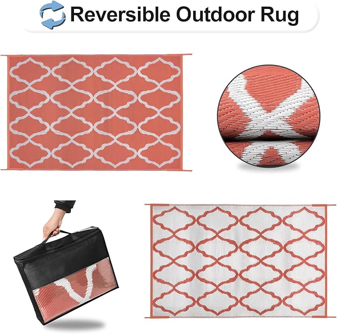 OutdoorLines Outdoor Plastic Area Rug for Patio 4x6 ft - Reversible Outside Carpet, Stain & UV Resistant RV Mats, Straw Rug for Camping, Deck Garden, Porch and Balcony, Moroccan/Orange & Light Grey
