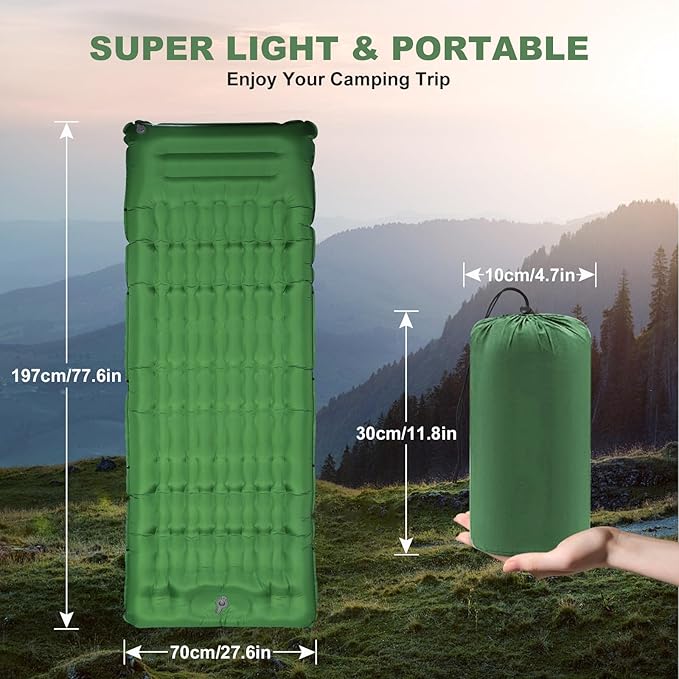 MINGPINHUIUS Camping Sleeping Pad with Pillow: Extra Thick 4.7 Inch Ultra-Light Self Inflating Air Mattress, Lightweight Compact Inflatable Sleep Mat for Backpacking, Hiking, Tent (Olive Green)