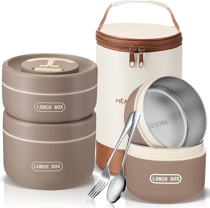 Dandat 3 Pcs Portable Insulated Lunch Container Set for Adult kids, Stackable Stainless Steel Bento Box for Hot Food with Insulated Lunch Bag Unisex 3 Separate Thermal Food Container(Khaki)