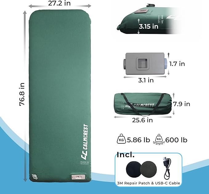 Self Inflating Sleeping Pad with Electric Air Pump, 3.15" Thick Foam Camping Mattress for Superior Comfort & Support, 9.5 R-Value Insulated Sleeping Mat, 4-Season Camping Pad for Tent, Cot (Green)