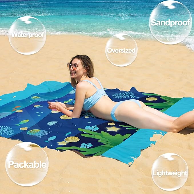 BYDOLL Beach Blanket Waterproof Sandproof 78''×81'' 1-7 Adults Oversized Lightweight Large Picnic Mat Waterproof Sandproof Blanket for Beach