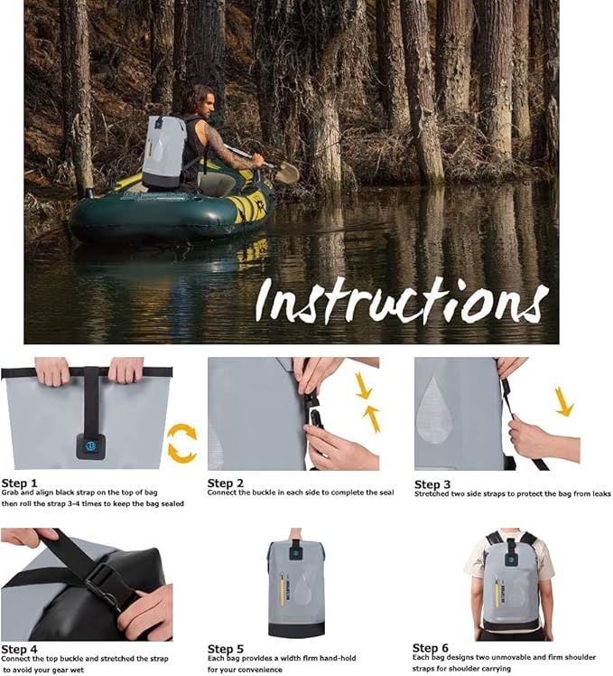 Blueshyhall 20L Waterproof Dry Backpack, Outdoor Travel Roll Top Closure Water Repellent Duffle Storage Sack for Kayaking Rafting Boating Fishing Camping and Beach - Grey