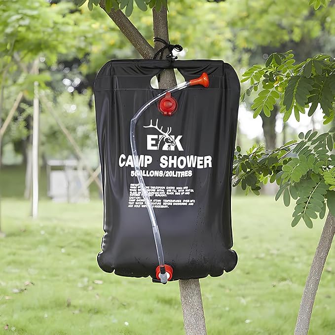 ELK Solar Heated Portable Shower Bag with Removable Hose - Ideal for Camping, Hiking, and Travel - 5 Gallon Capacity for Multiple Showers
