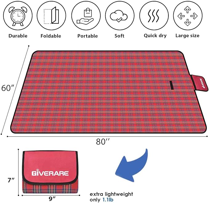 GIVERARE Picnic Beach Blanket, XL Sandfree Waterproof Outdoor Camping Blankets, Quick Drying Family Mat, Portable Extra Large Mats for Travel, Hiking, Music Festival, Lawn-Red