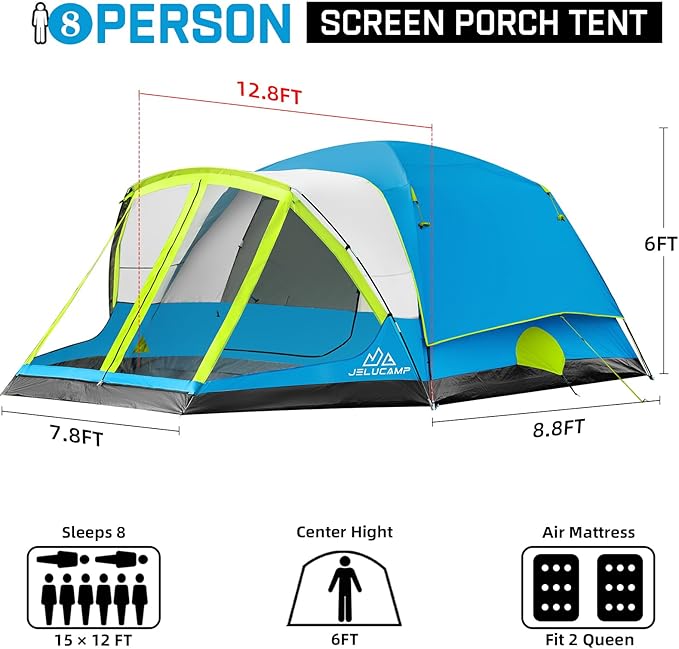 6/8 Person Large Waterproof Family Tents for Camping, Screened Camping Tent with Screen Porch, Bug-Free Relaxation & Easy Setup, Includes Rainfly & Carry Bag