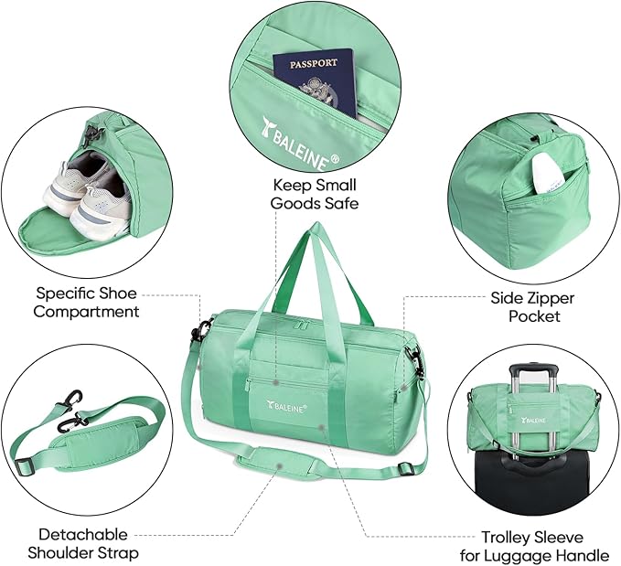 BALEINE Gym Bag for Women and Men, Duffel Bag for Sports, Gyms and Weekend Getaway, Waterproof Dufflebag with Shoe and Wet Clothes Compartments, Lightweight Carryon Gymbag (Green)