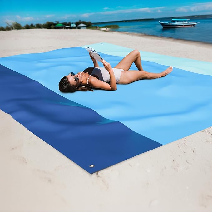Mooreeke Beach Blanket Extra Large Oversized 9 x 8 ft, Ocean Blue Sandproof Waterproof Quick Drying Lightweight Compact Outdoor Blanket Beach Mat for Family Travel Camping Picnic, 1-8 Adults