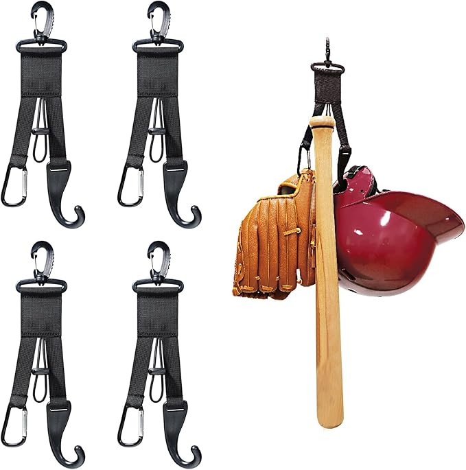 Baseball Softball Gear Hanger Dugout Organizer -Multipurpose Hanging Buckle Metal Hangers for Hold Outdoor Sports Equipment, Camping, Gloves, Helmets, Bats, Water Bottle Holder (Black 4Pcs)