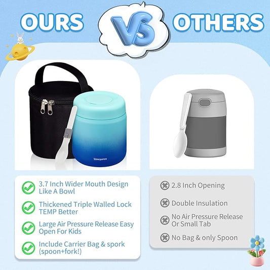 Thermo for Hot Food Adults & Kids, 17oz Insulated Lunch Soup Container, Wide Mouth Leak Proof Vacuum Stainless Steel Food Jar w/Insulated Bag & BPA-Free Folding Spoon for Office Outdoors