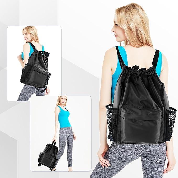 BeeGreen Drawstring Backpack Sports Gym Bag With Shoe Compartment and Two Water Bottle Holder …