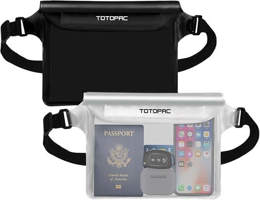 2-Pack Waterproof Fanny Pack, Phone Pouch with Waist Strap, 9x6.7 Inch Dry Bag for Phone, Cash, and Valuables – for Swimming, Kayaking, Boating, Snorkeling, and Water Sports (2, Black + White)