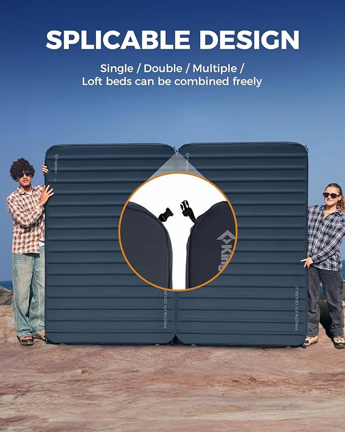 KingCamp Double Sleeping Pad, 2 Person Queen R 7.1/7.9 Self Inflating Sleeping Pad, 3" Ultra Thick Full Size Foam Mattress Mat for Outdoor Camping Tent Car, PVC Free (Grey)