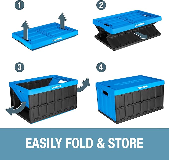 CleverMade Collapsible Storage Bins with Lids- Neptune Blue 3Pack 46L- Plastic Container Stackable Organization Crates Home Closet SpaceSaving Durable