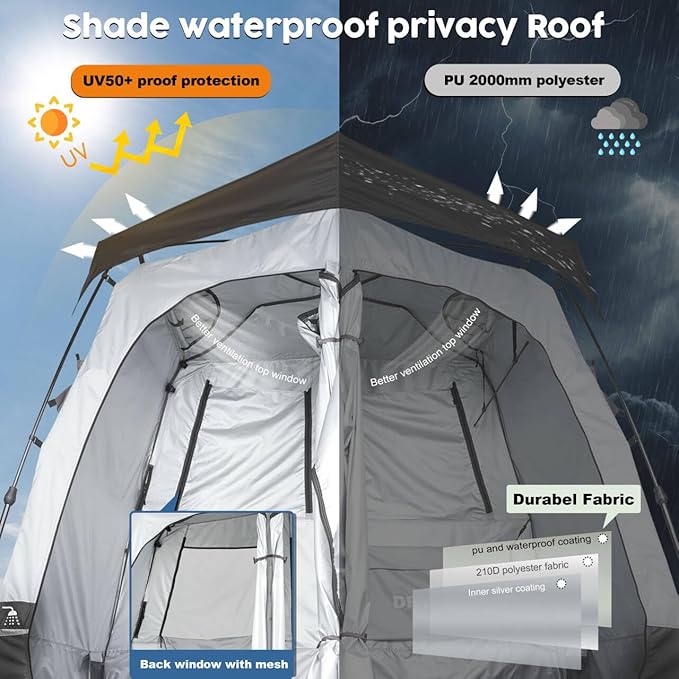Camping Shower Tent Deluxe Changing Room Easy Set Up Privacy Shelter,Large Toilet Tent 2 Rooms with Floor Drain Design for Beach, Camping,Hiking with Stakes and Ropes for Stability
