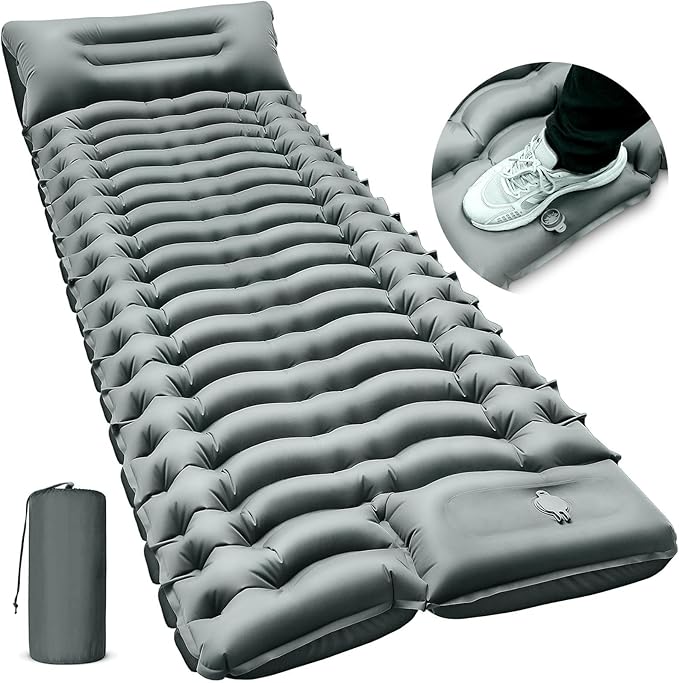 Camping Sleeping Pad, Ultralight Camping Mat with Pillow Built-in Foot Pump Inflatable Sleeping Pads Compact for Camping Backpacking Hiking Traveling - Gray