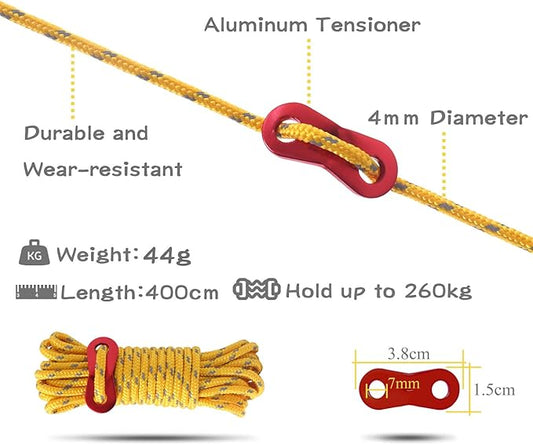 Hikeman 6 Pack 4mm Outdoor Guy Lines Tent Cords Lightweight Camping Rope with Aluminum Guylines Adjuster Tensioner Pouch for Tent Tarp, Canopy Shelter, Camping, Hiking, Backpacking