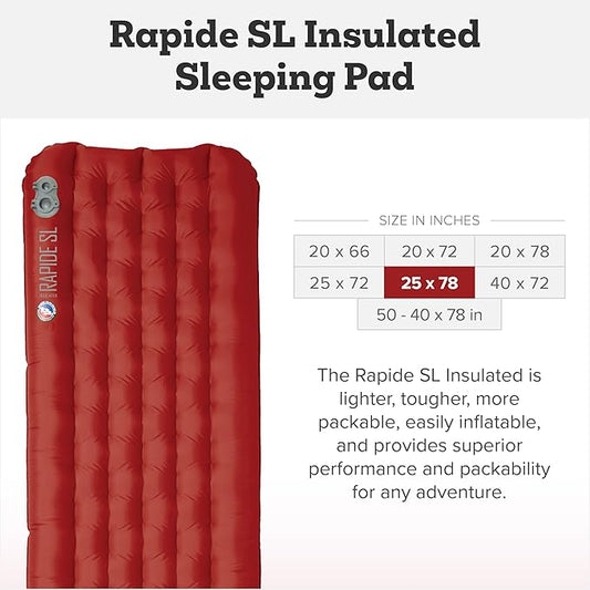 Big Agnes Rapide SL - Insulated Sleeping Pad, Ultralight, All Season Compact Backpacking and Hiking, Pumphouse Sack Included, Orange, 25x78 Wide Long