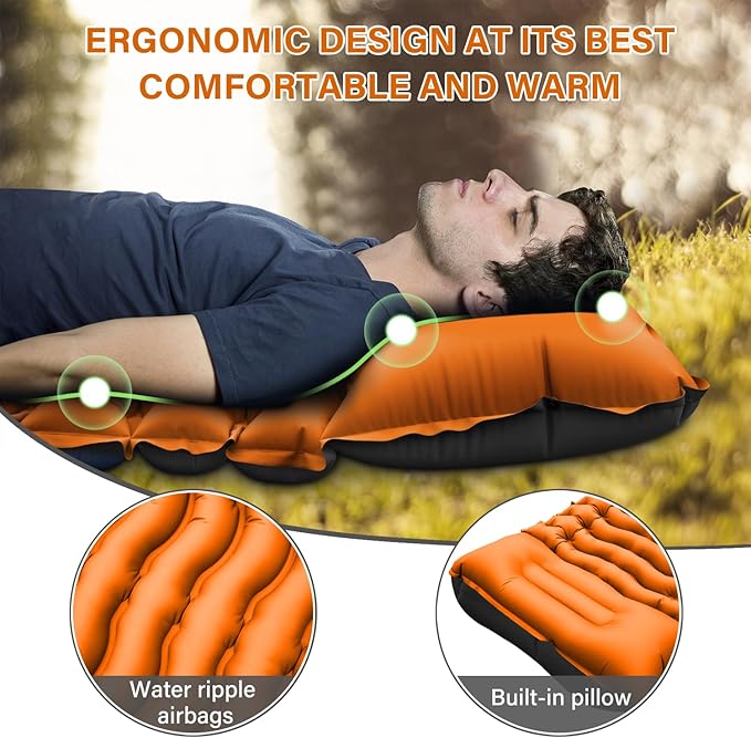 Camping Sleeping Pad, Ultralight Camping Pad with Pillow Built-in Foot Pump Inflatable Sleeping Mat Compact for Camping Backpacking Hiking Traveling - Orange, Single