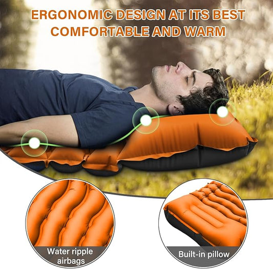 Camping Sleeping Pad, Ultralight Camping Pad with Pillow Built-in Foot Pump Inflatable Sleeping Mat Compact for Camping Backpacking Hiking Traveling - Orange, Single