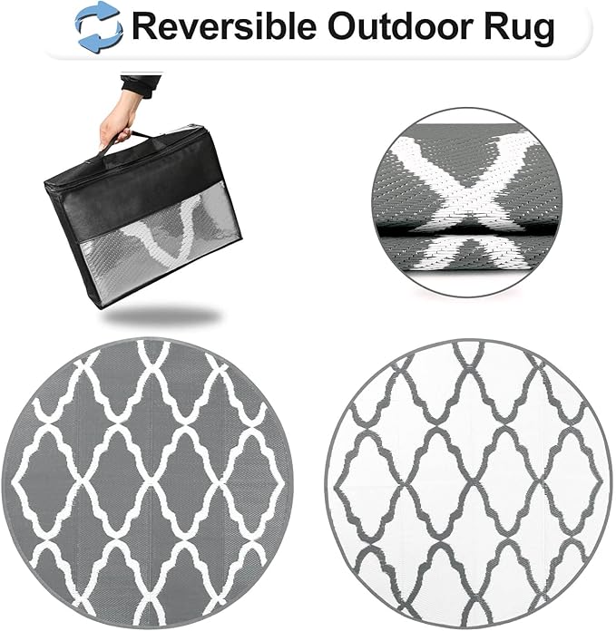 OutdoorLines Indoor Outdoor Rugs for Patio 5 Feet - Reversible Outside Carpet, Stain & UV Resistant Portable RV Mats, Plastic Straw Rug for Camping, Pool Deck, Porch Moroccan/Grey & White