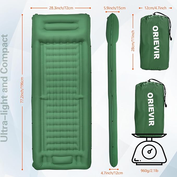 Camping Sleeping Pad, Self Inflating Air Mattress Extra Thickness 4.7 Inch Single Sleeping Pad with Built-in Pillow and Foot Pump for Tent Hiking Traveling