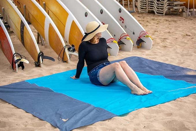 Sand Free Beach Blanket, Large Beach Mat, Water Resistant Mat Quick Drying, Lightweight & Durable with 4 Stakes & 4 Corner Pockets, Compact for Travel, Camping, and Hiking