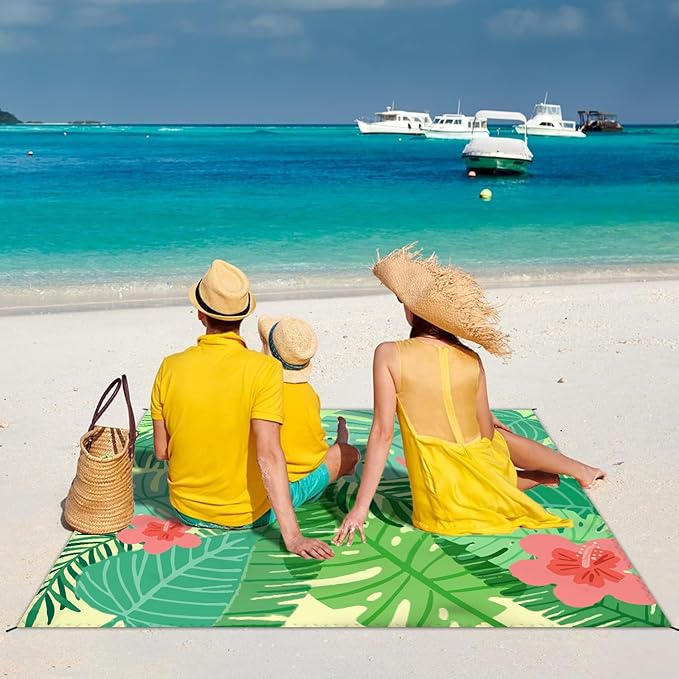 Beach Blanket Waterproof Sandproof Large Beach Mat 79" X 83" for 2-4 Adults Sand Free Mat Quick Drying,Lightweight & Durable with 4 Stakes & 4 Corner Pockets for Beach Travel Camping Hiking.(Green)