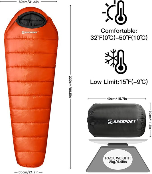 Bessport Mummy Sleeping Bag | 15-45 ℉ Extreme 3-4 Season Sleeping Bag for Adults Cold Weather– Warm and Washable, for Hiking Traveling & Outdoor Activities