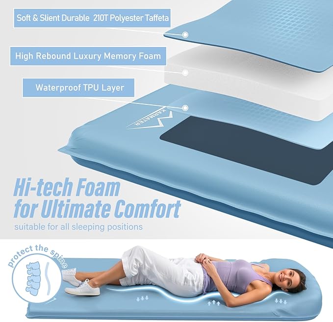 Self Inflatable Sleeping Pad, 3.1" Ultra-Thick Memory Foam Camping Pad，Fast Inflate & Deflate with Air Pump，Insulated Camping Mattress Pad for Travel, Camping, Backpacking and Hiking, All Season Use