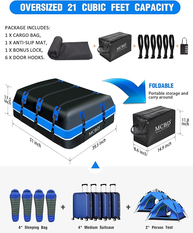 Rooftop Cargo Carrier, 21 Cubic Feet Soft-Shell Waterproof Car Roof Luggage Bag for All Vehicles SUV with/Without Rails, Includes 10 Reinforced Straps + 6 Door Hooks,Storage Bag,Anti-Slip Mat
