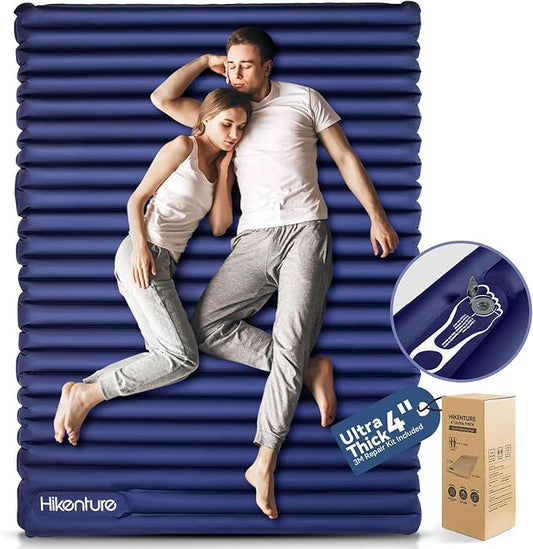 Hikenture Double Sleeping Pad for Camping, Ultralight 4" Extra-Thick Camping Mattress 2 Person, Inflatable Backpacking Sleeping Mat, Hiking Air Mattress for Tent (Foot Pump)