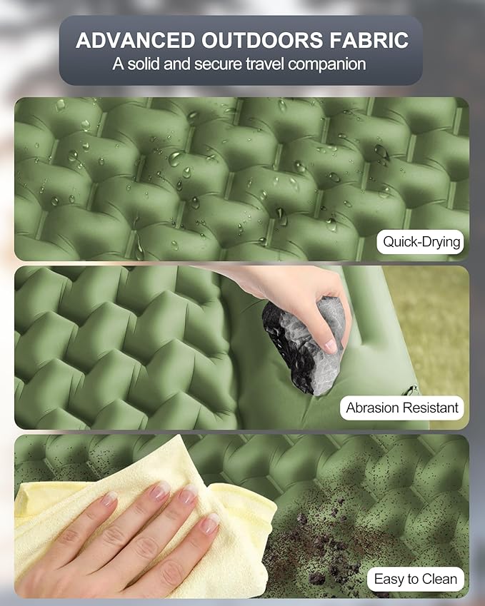 Inflatable Camping Sleeping Pad with Pillow & Foot Pump, 3"x79"x26" Single Camping Air Mattress, Compact Roll-Up, Quick-Dry & Durable Sleeping Mat for Backpacking, Hiking, Tent, Travel – Grass Green