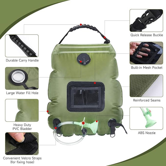Solar Portable Shower Bag, 5 Gal/20L Solar Heating Camping Shower Bag with Removable Hose&On-Off Switchable Shower Head, Compact Camping Shower for Camping, Hiking, Traveling, Beach Swimming