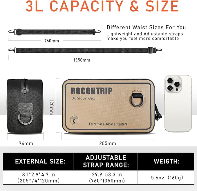 ROCONTRIP 100% Waterproof Dry Bag, Dry Waist Pack with Airtight Zipper Adjustable Strap Sling Bag Lightweight Crossbody Dry Bag for Kayaking Snorkelling and Swimming
