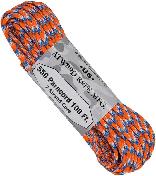 Atwood Rope MFG 550 Paracord 100 Feet 7-Strand Core Nylon Parachute Cord Outside Survival Gear Made in USA | Lanyards, Bracelets, Handle Wraps, Keychain (Bronco)