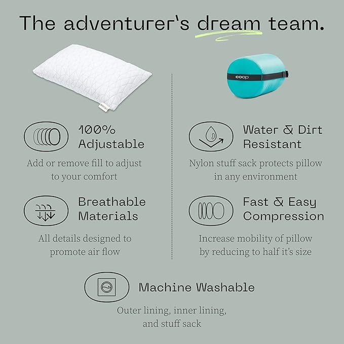 Coop Home Goods Original Travel and Camping Adjustable Pillow, Small Camping Pillow with Compressible Stuff Sack, Medium-Firm Memory Foam with Lulltra Washable Cover, CertiPUR-US Certified (19x13)