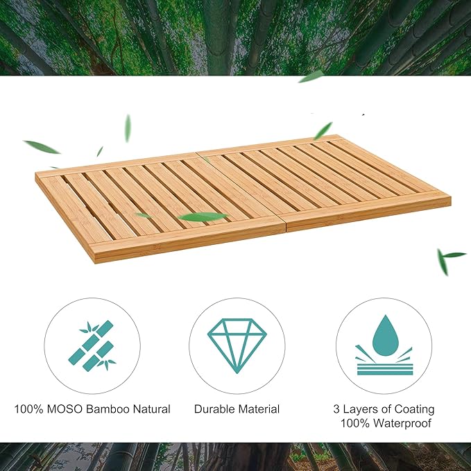 Waterproof Bamboo Bath Mat for Shower, Foldable | Non-Slip | Heavy Duty, Wooden Bath Mat, Floor Mat and Doormat for Indoor Outdoor, 23.4in x 15.6in