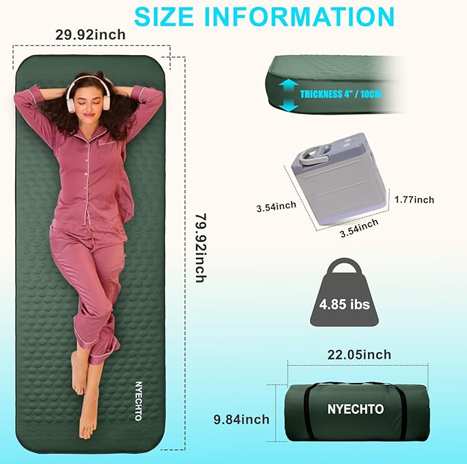 Self Inflating Sleeping Pad with Electric Pump, 4" Thick Ultralight Memory Foam Camping Mattress, Telescopic & Compact, Fast Inflate Insulated Camping Air Mats for Car Travel/Tent/Cot,Green