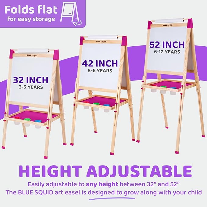 Blue Squid Art Easel for Kids - Dual-Sided Adjustable Wooden Painting Easels, Ideal Christmas Gift for Toddlers and Kid - with Magnetic Chalk Board, White Board & Paper Roll, Includes 100+ Accessories