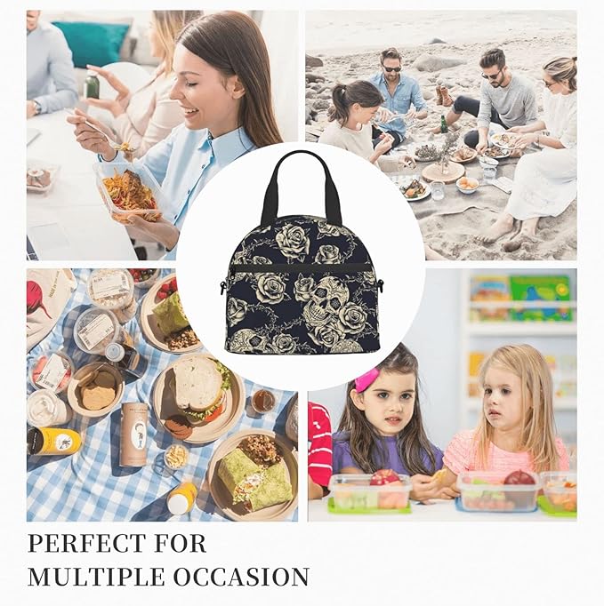 bassyil Skull Insulated Lunch Bag Reusable Lunch Box With Adjustable Shoulder Strap Cooler Tote Bag For Men Women