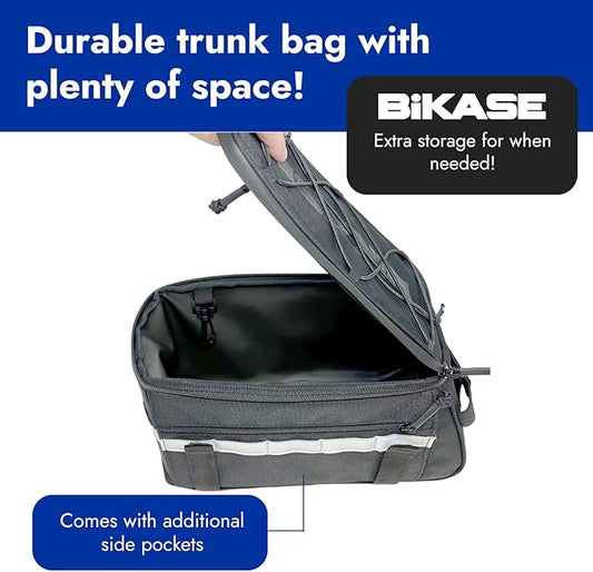 BiKase Big Momma Bike Trunk Bag - Universal Fit Medium Rear Rack Bag with Side Pockets, Top Bungee, Mesh Pocket, Key Holder & Reflective Accents - Spacious Bicycle Rack Bag for Ebikes & Bicycles