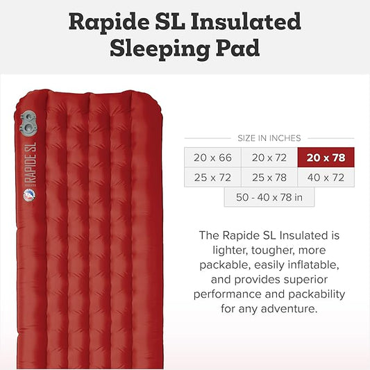 Big Agnes Rapide SL - Insulated Sleeping Pad, Ultralight, All Season Compact Backpacking and Hiking, Pumphouse Sack Included, Orange, 20x78 Long